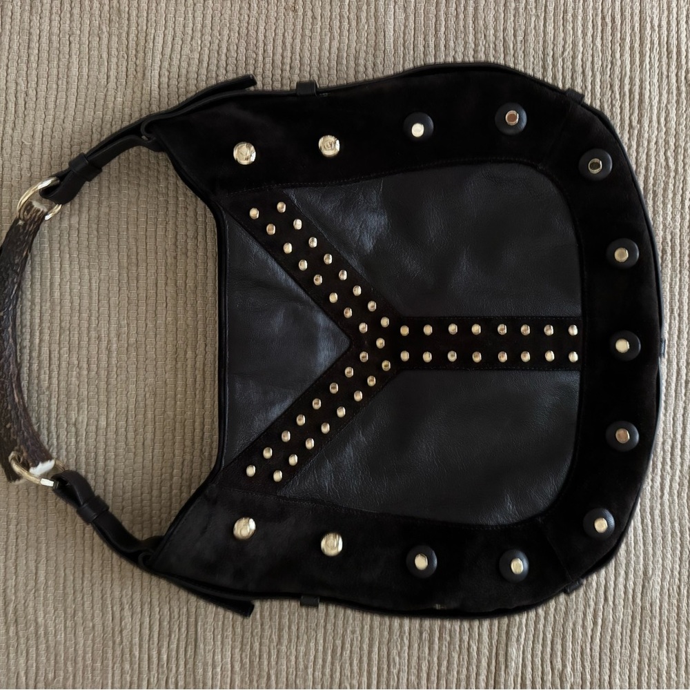 YSL Mombasa studded brown leather and suede  Shoulder Bag